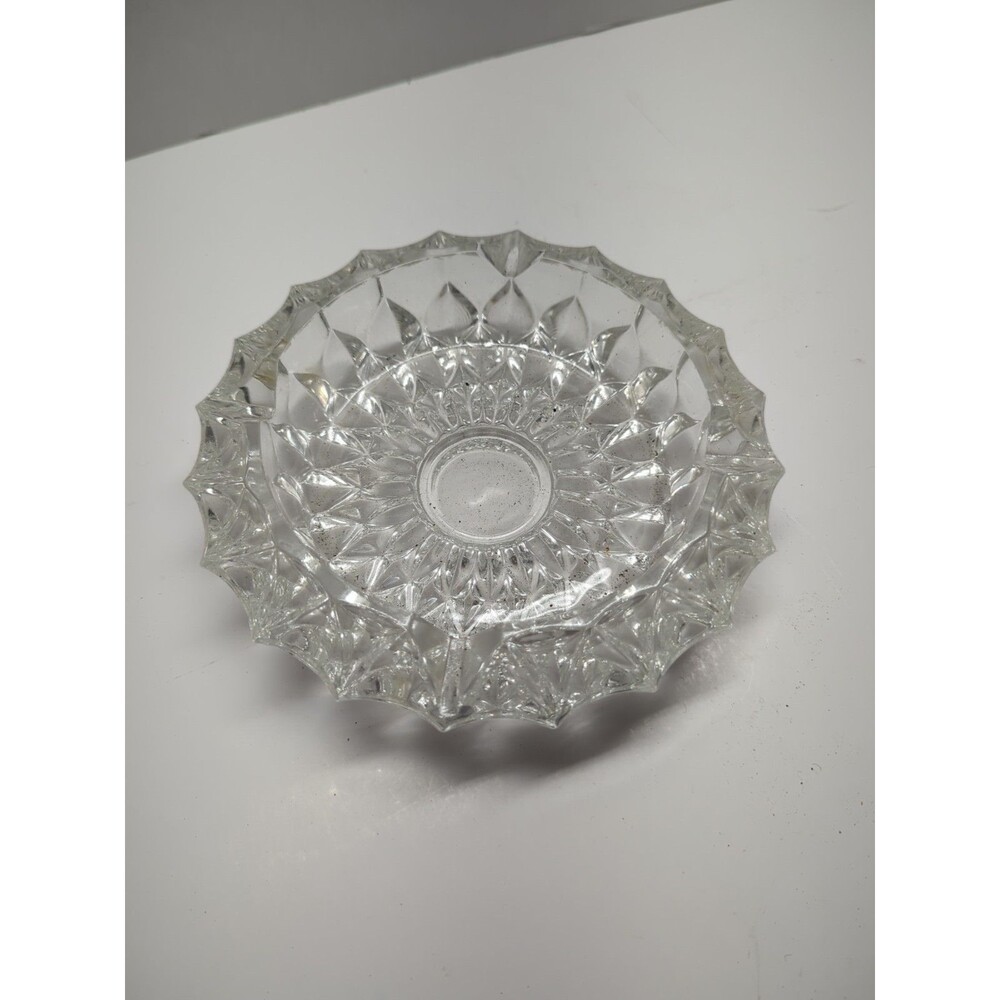 Vintage Heavy Large Round Crystal Clear Cut Glass Cigar Cigarette Ashtray 7"